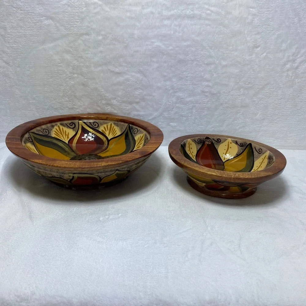 Clemente Los Cabos Wooden Bowl Set Hand Painted Floral Home Decor Colorful Bowls